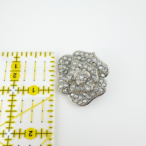 Vintage Silver Rose Brooch Aurora Borealis Rhinestone Flower Pin - Picture 2 of 7